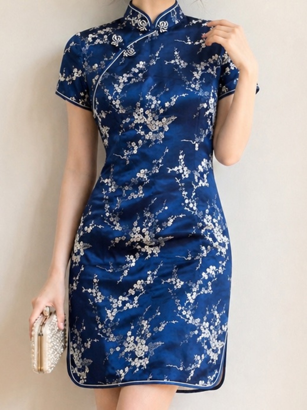Blue Satin Floral Qipao / Cheongsam Dress